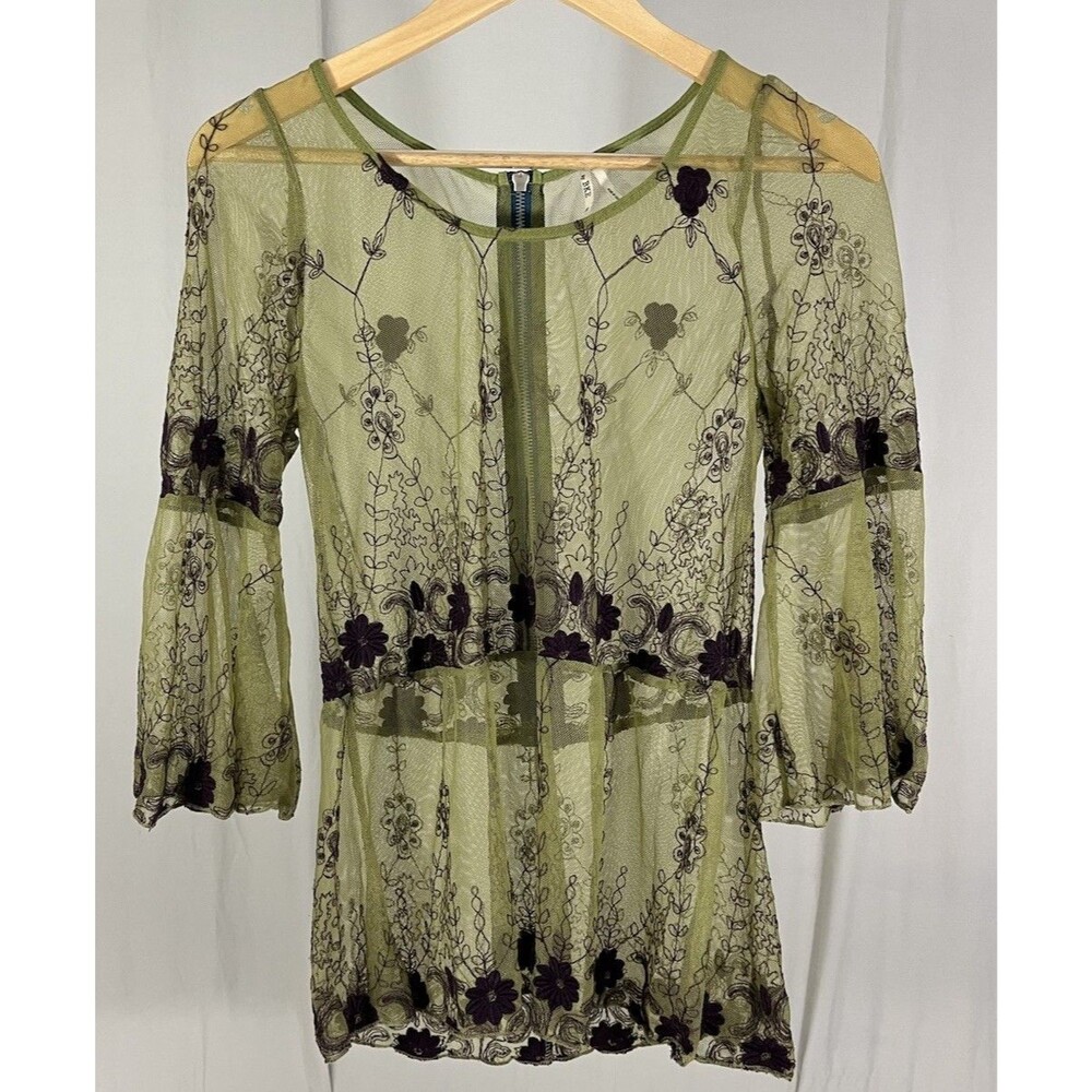 BKE Women’s Green Whimsy Goth Sheer Lace Bell Sleeve Babydoll Top Fairy Sz S